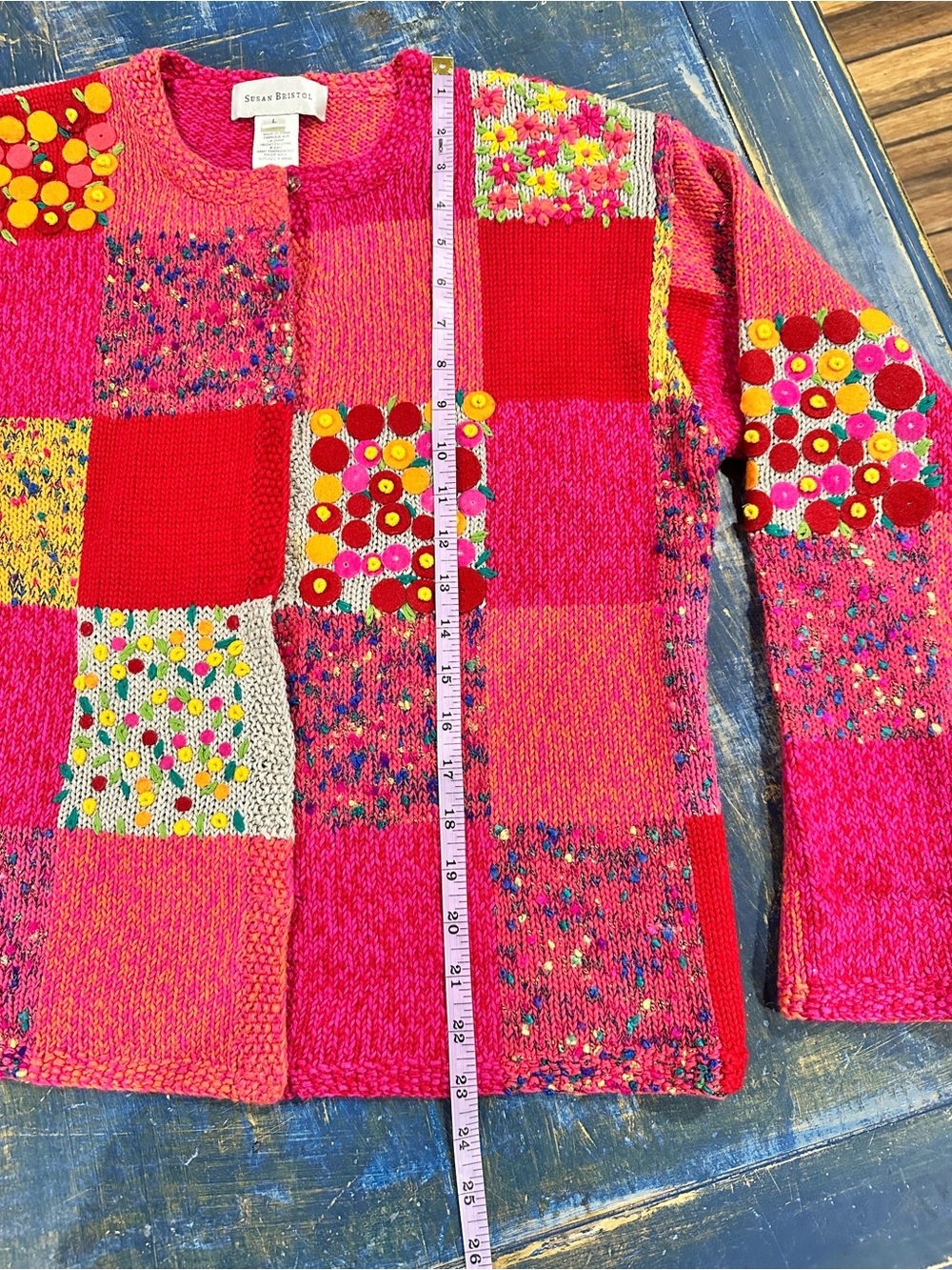 Susan Bristol Hot Pink & Orange Hand-Embroidered Knit Cardigan - Picture 6 of 8